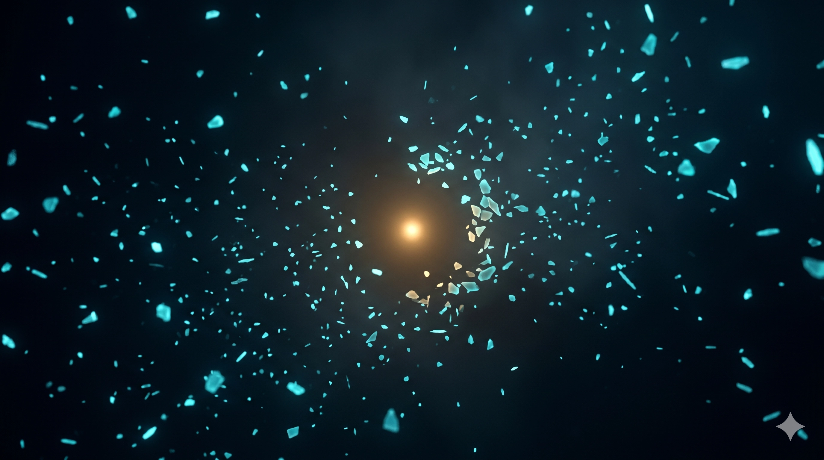 Luminous cyan fragments of knowledge converging toward a single warm point of light &mdash; the quiet moment of shipping after a year.