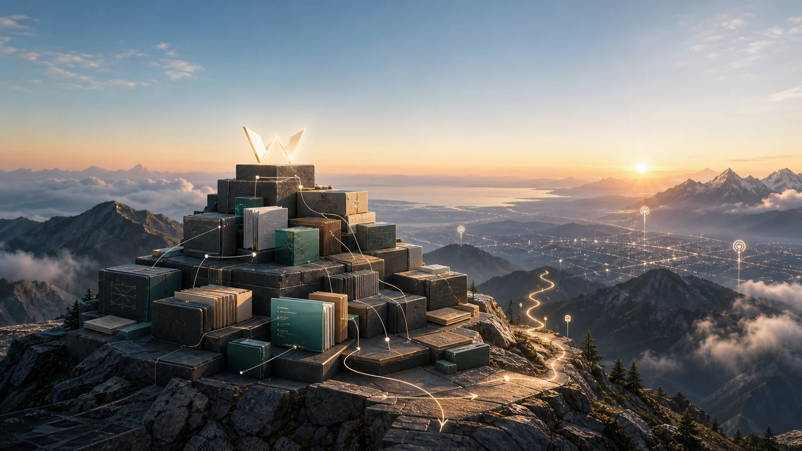 Connected knowledge blocks on a temporary summit at sunrise, with a path toward a wider public landscape.