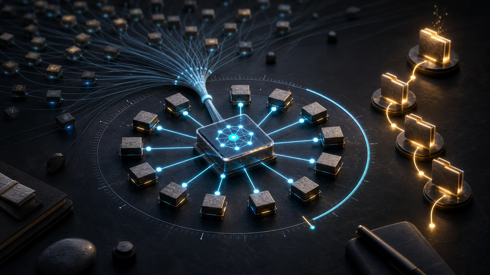 A central knowledge block connected to twelve curated blocks, with summarized backlinks and an illuminated learning path.
