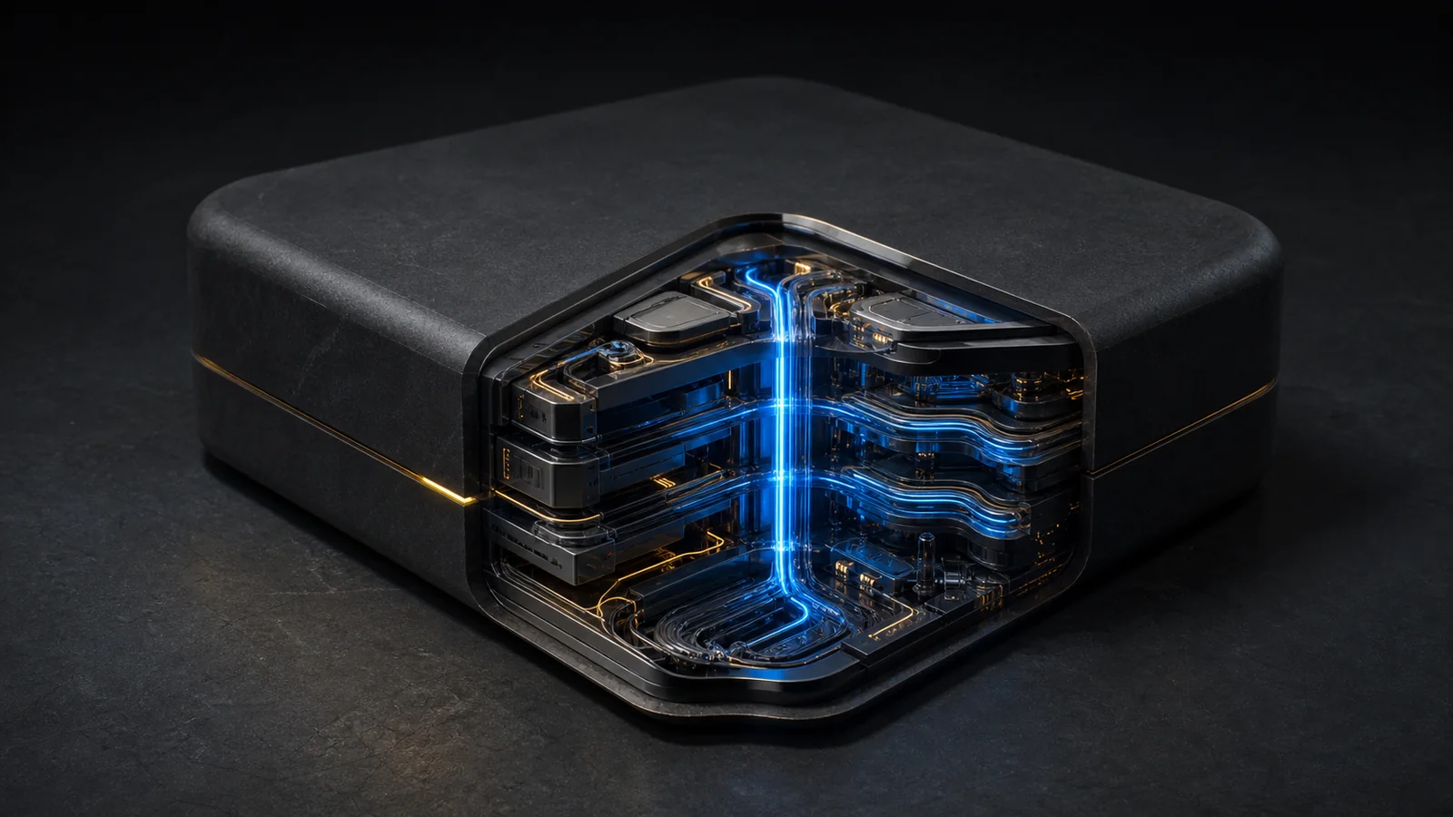 A simple dark knowledge block with a precise cutaway revealing a deeply rebuilt internal architecture and a new blue communication spine.