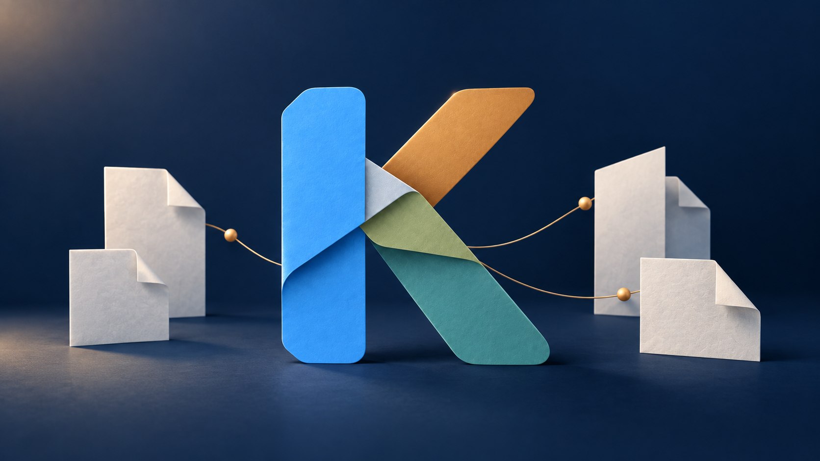 The ribbon K surrounded by folded documents linked with golden threads against a deep blue background.