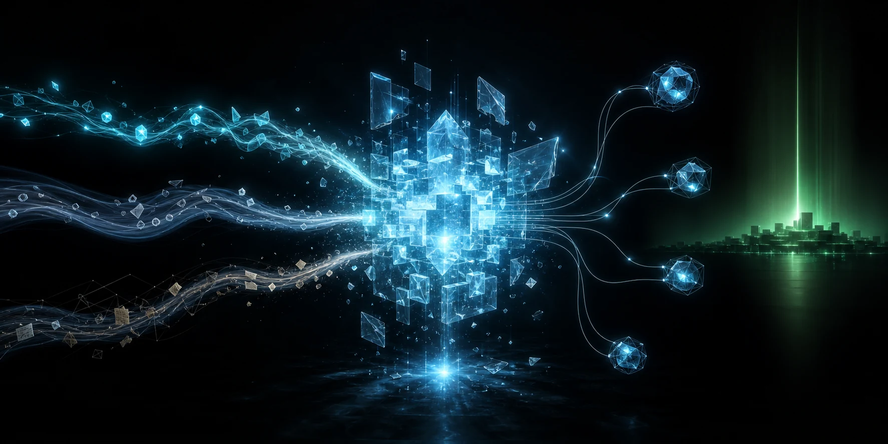 Luminous knowledge core receiving structured streams and branching toward multiple AI nodes, with a quiet green Linux horizon in the distance.