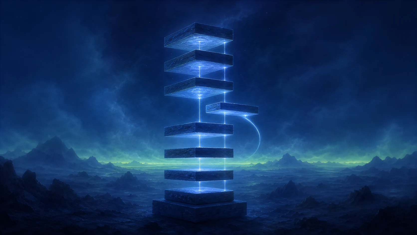 Softly glowing slabs of structured knowledge arranged with care, thin bright lines pulsing between them as insertion guides, with a quiet Linux horizon waiting in the distance.