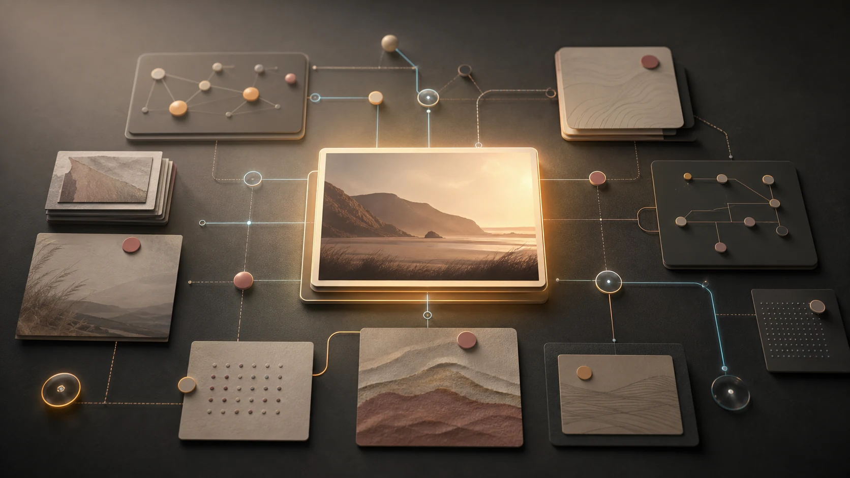 A warm project image connected to surrounding context cards and knowledge nodes on a dark workspace.