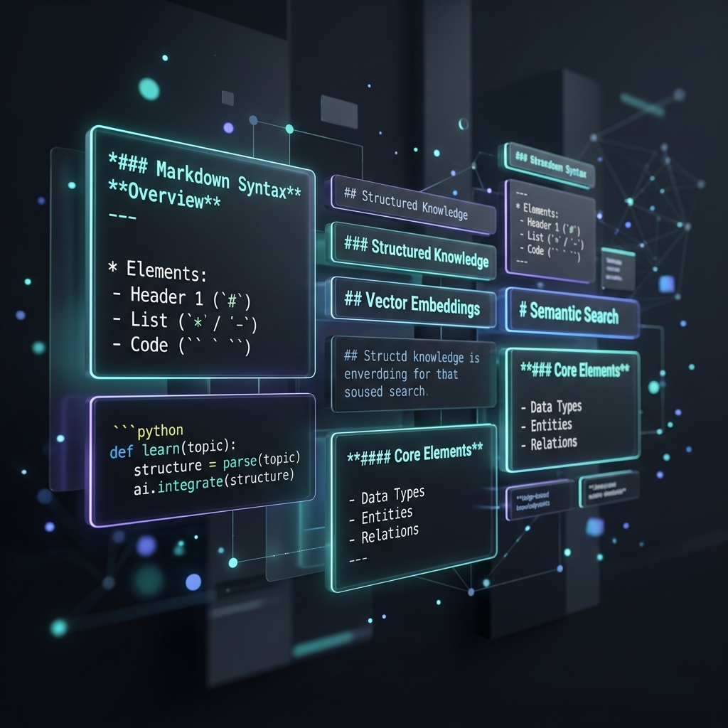 Structured blocks of Markdown text floating in an organized dark-mode interface with a cyan glow.