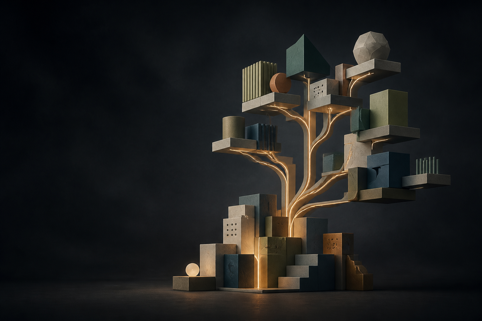 Geometric blocks growing into a branching structure, representing a broader family of connected software.