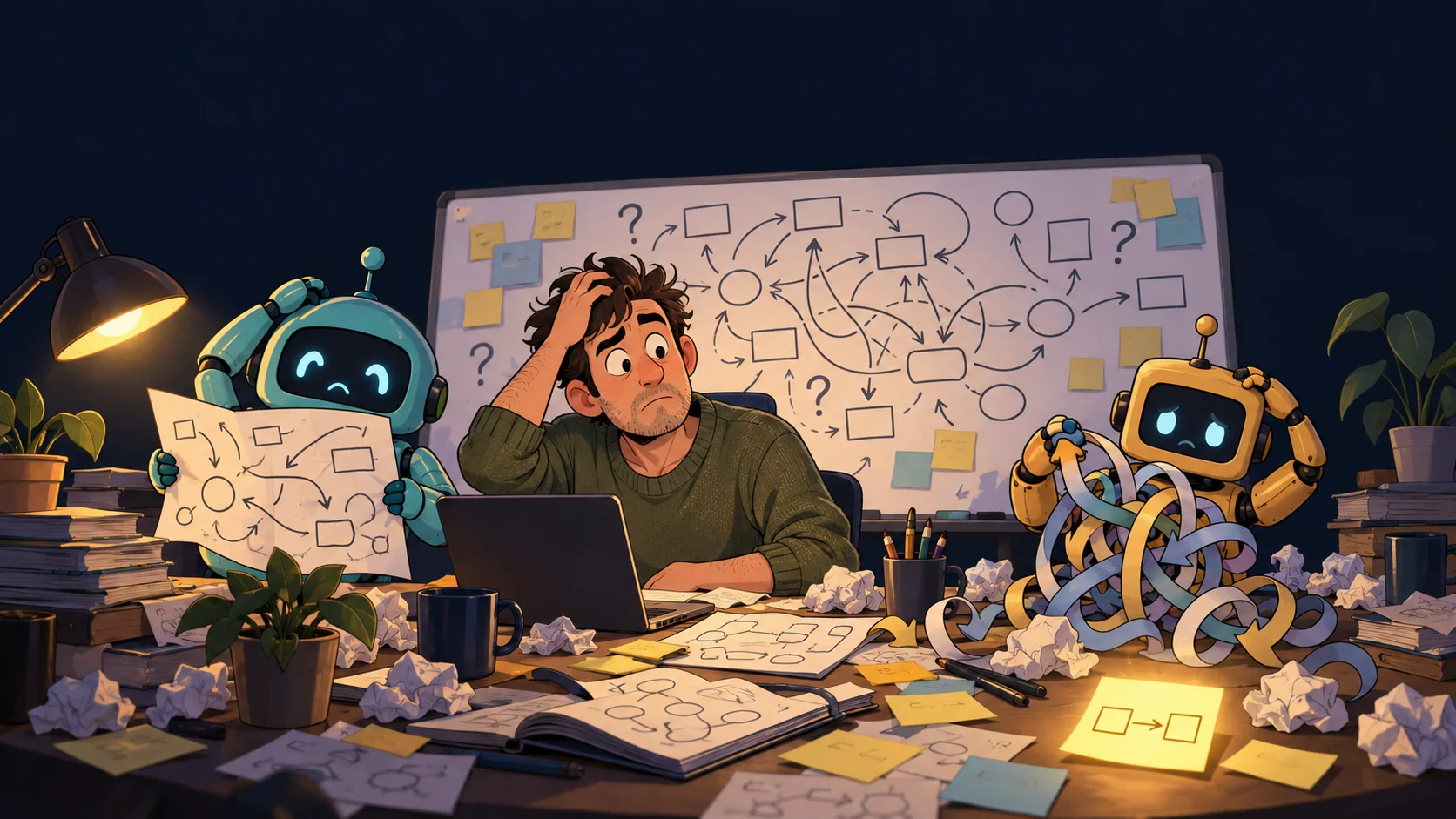 A cartoon of a bewildered man and two small robot helpers, all scratching their heads among tangled diagrams and crumpled notes, while one simple arrow between two boxes glows on a sticky note nobody has noticed yet.