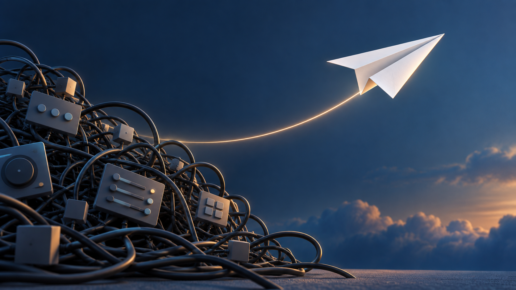 A white paper plane leaves a tangle of cables and settings behind, flying into an open sky.