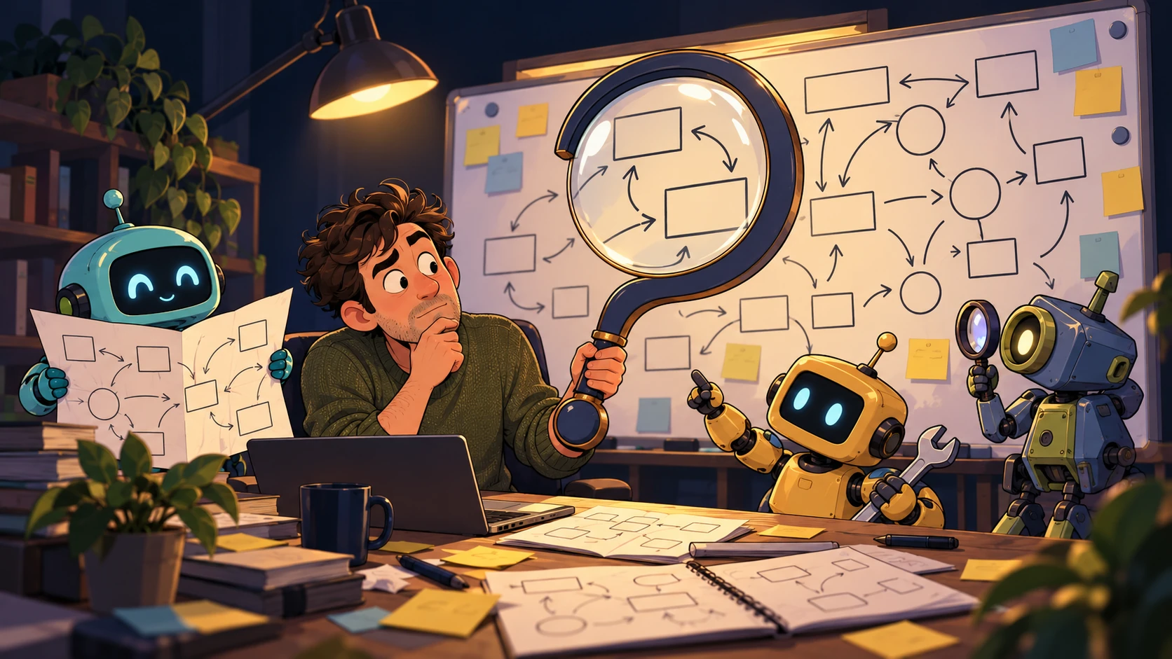 A cartoon of a man at a desk studying a whiteboard full of boxes and arrows through a large magnifying glass shaped like a question mark, while one small robot holds a blueprint, another holds a wrench, and a third robot of a different style checks their work with a lens.
