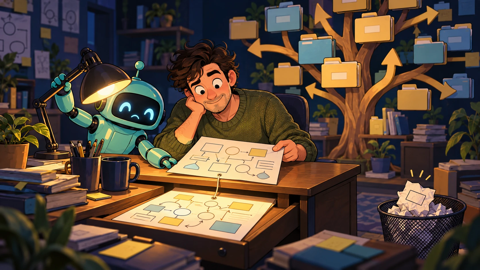 A cartoon of a man at his desk reading an open document while a second, linked page slides out beneath it like a drawer, lit by a small robot holding a lamp. Behind him, a tree made of folders points the way, and a crumpled floating card lies in the wastepaper basket.
