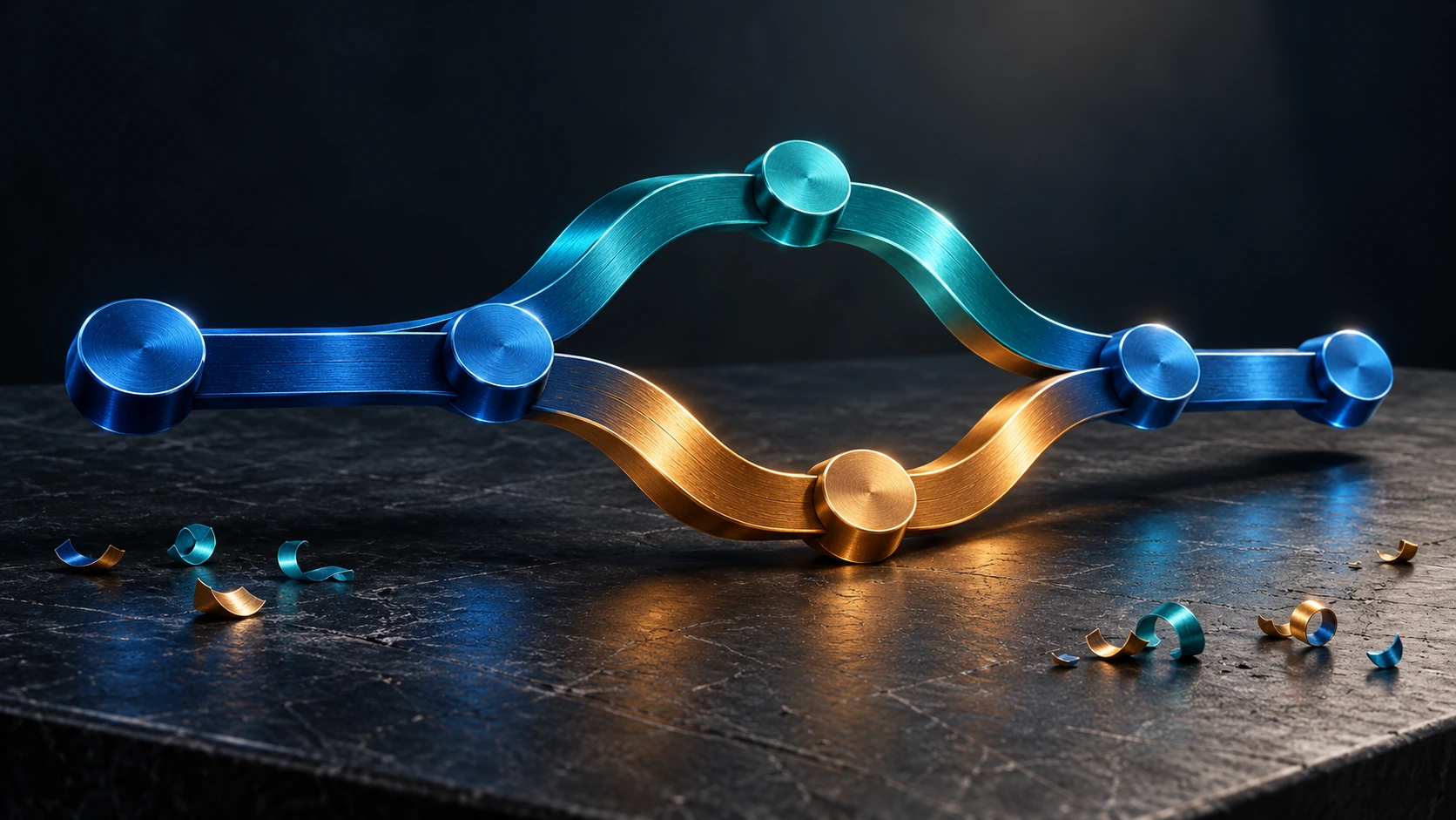 A sculptural Git graph made from blue, turquoise and amber metal ribbons, branching and reconnecting above a dark work surface.