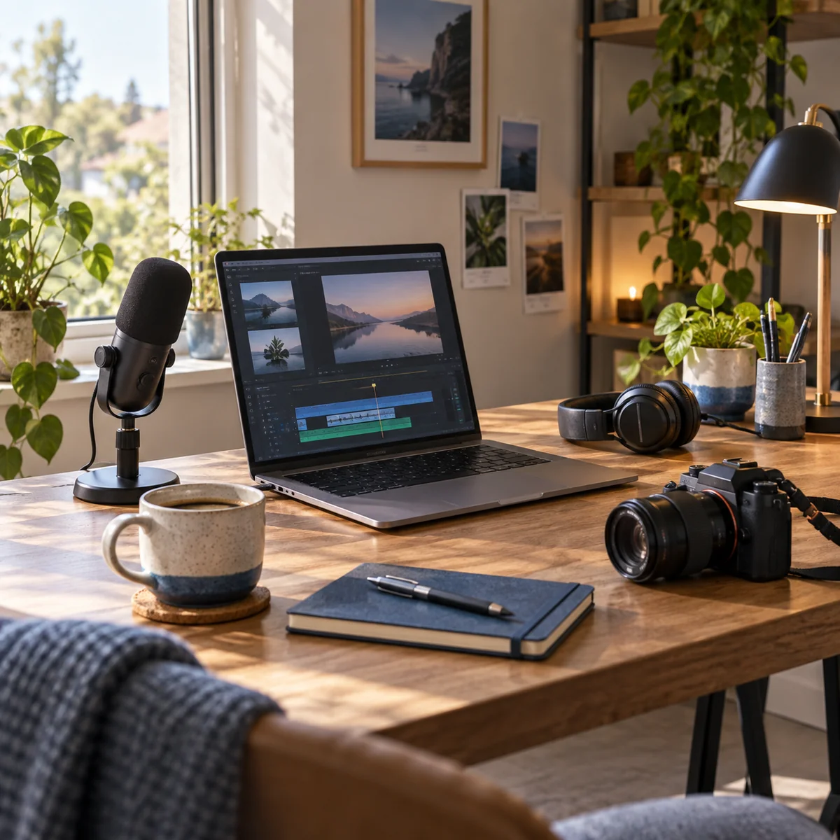 A sunlit creative workspace with a laptop, microphone, camera, and a cup of coffee.