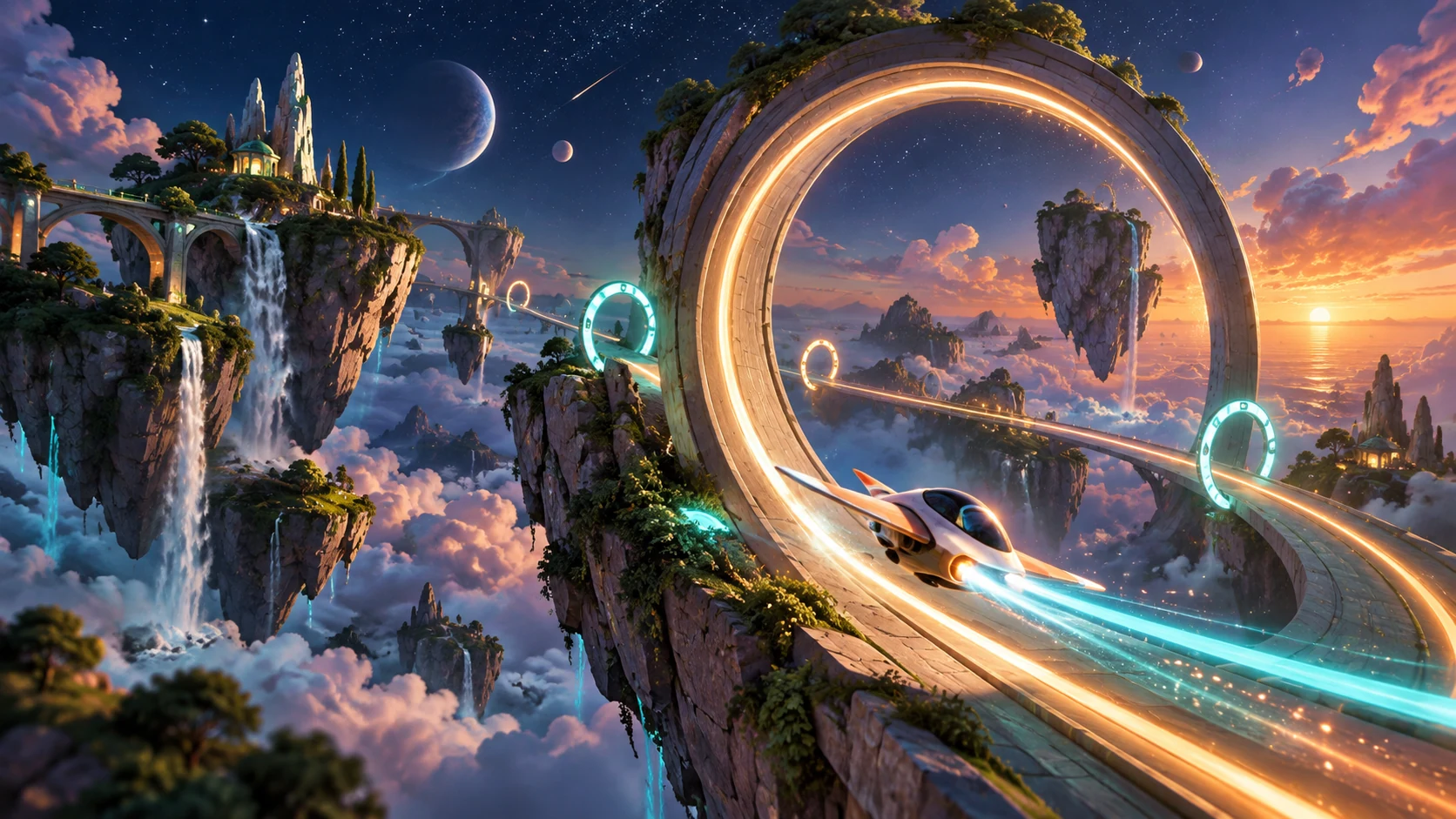Imagined arcade world: a glider racing through a glowing loop above floating islands.