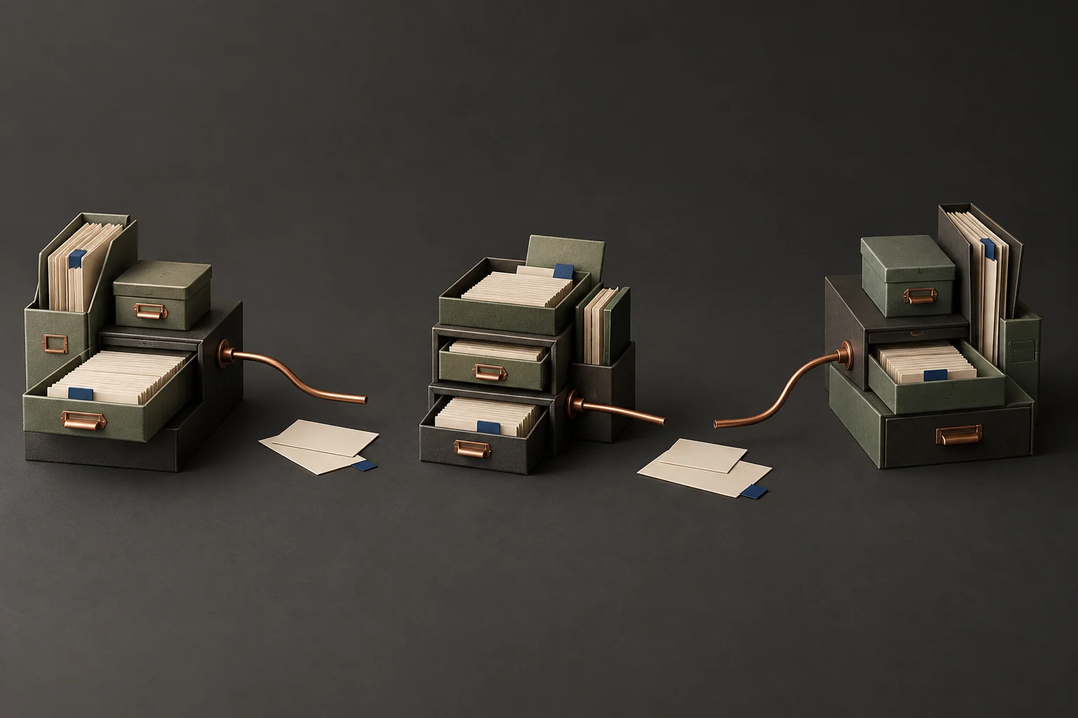 Three separate archives with interrupted copper connections and loose pages between them