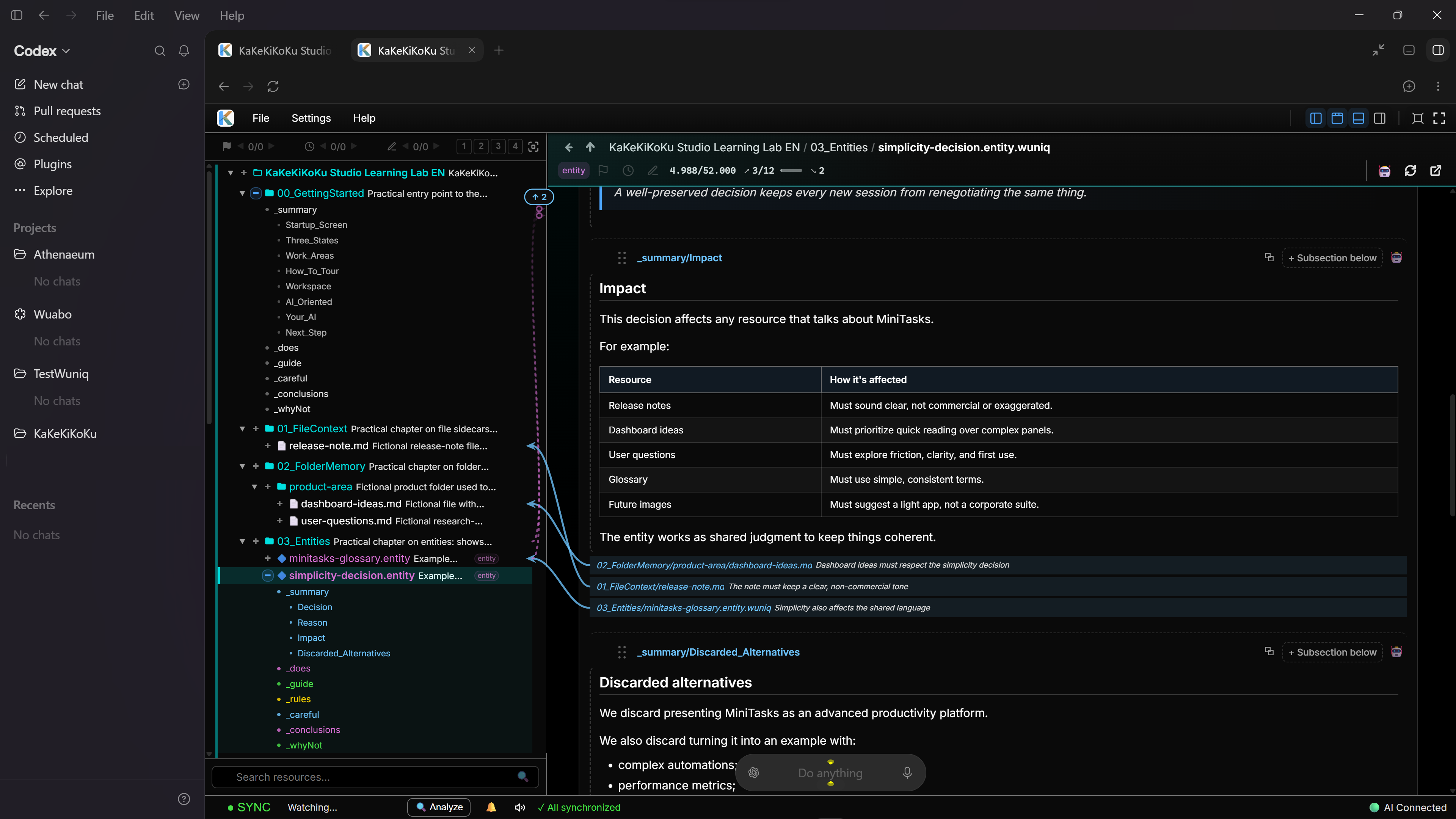 KaKeKiKoKu Studio inside ChatGPT (Codex), showing the Learning Lab decision table and visual relations in the built-in browser