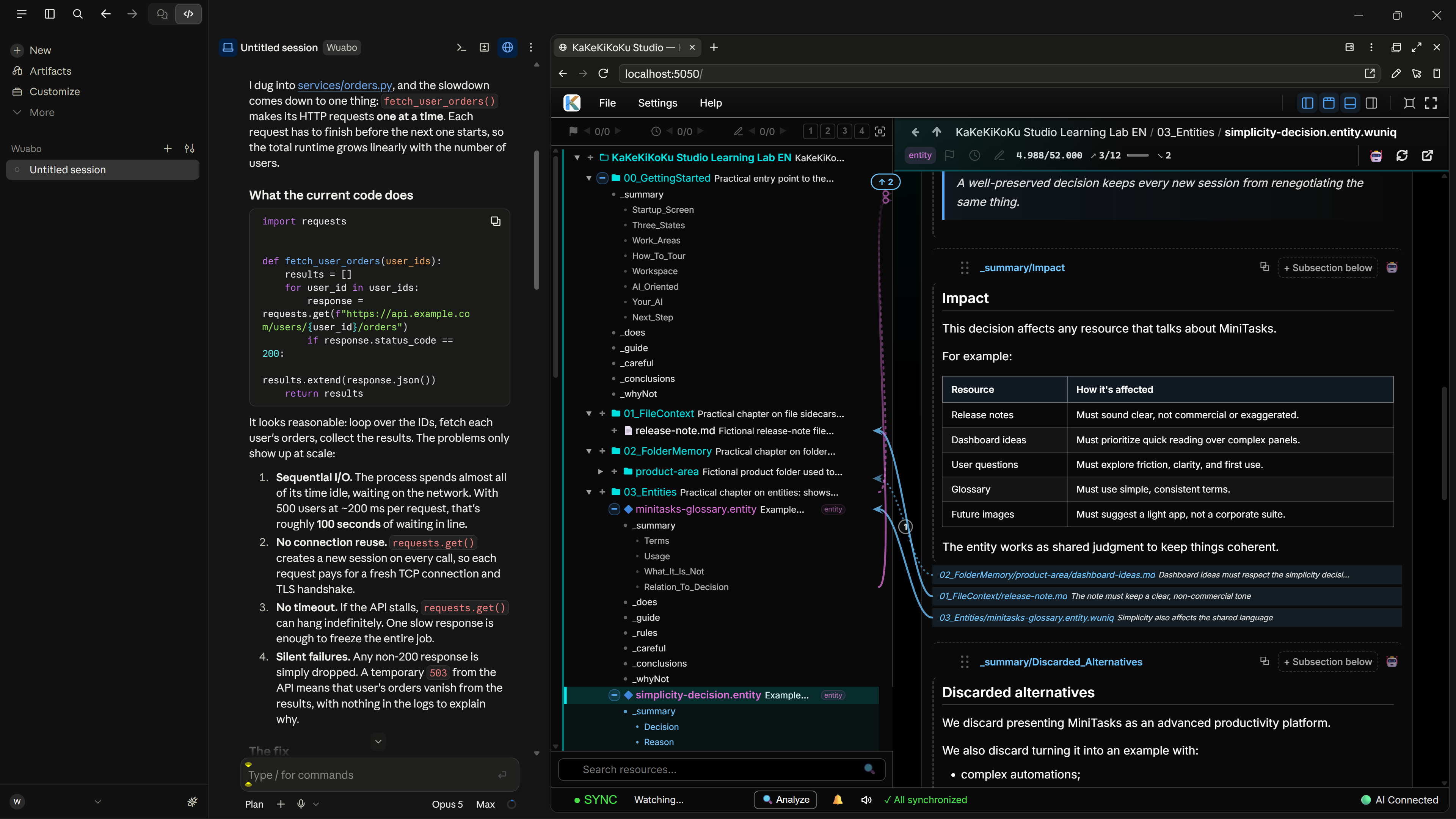 KaKeKiKoKu Studio inside Claude Desktop Code, with a conversation beside the Learning Lab decision table and visual relations