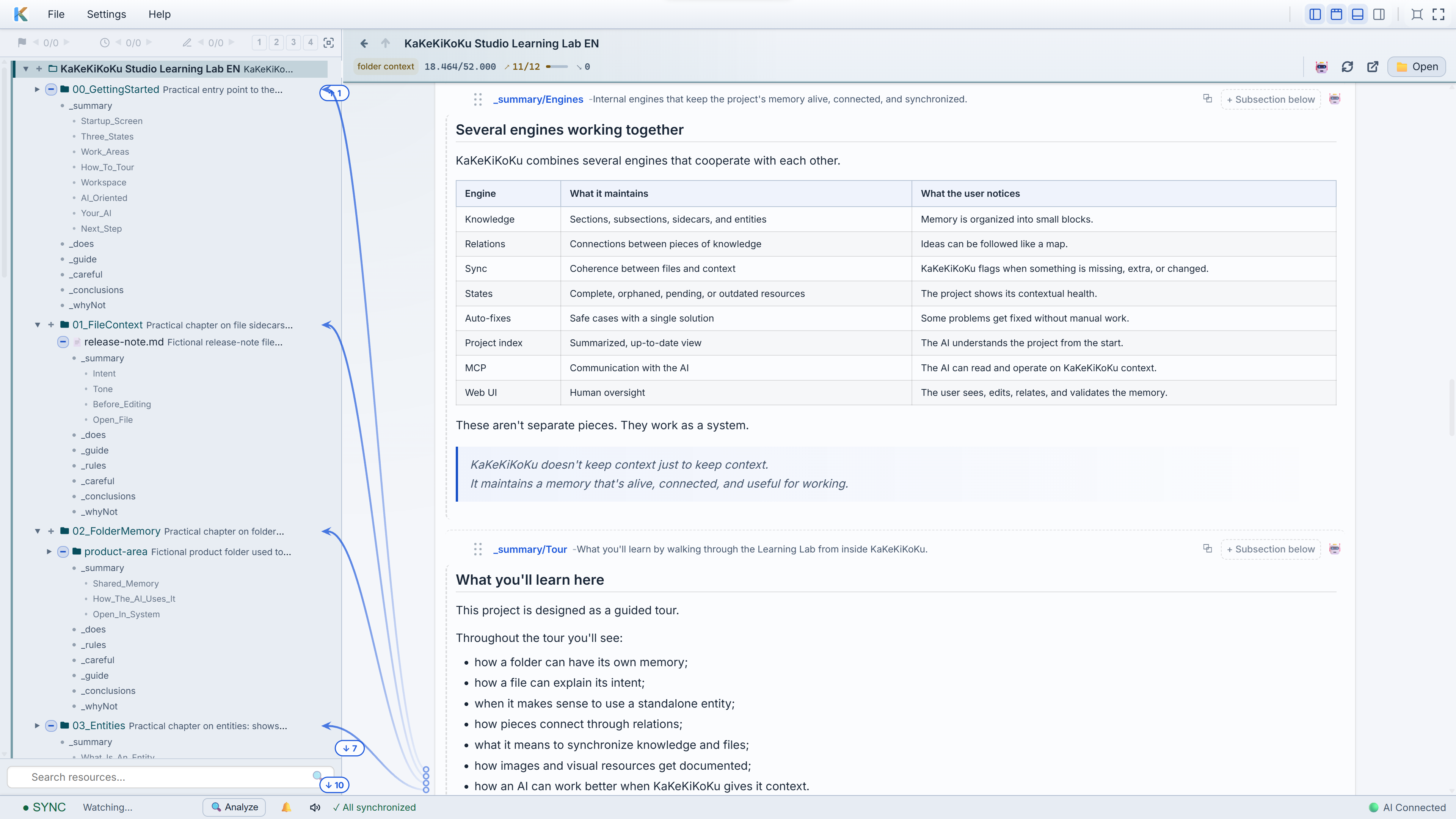 KaKeKiKoKu Studio in a light theme, rendering a Markdown table of project knowledge engines with a heading and a highlighted quotation