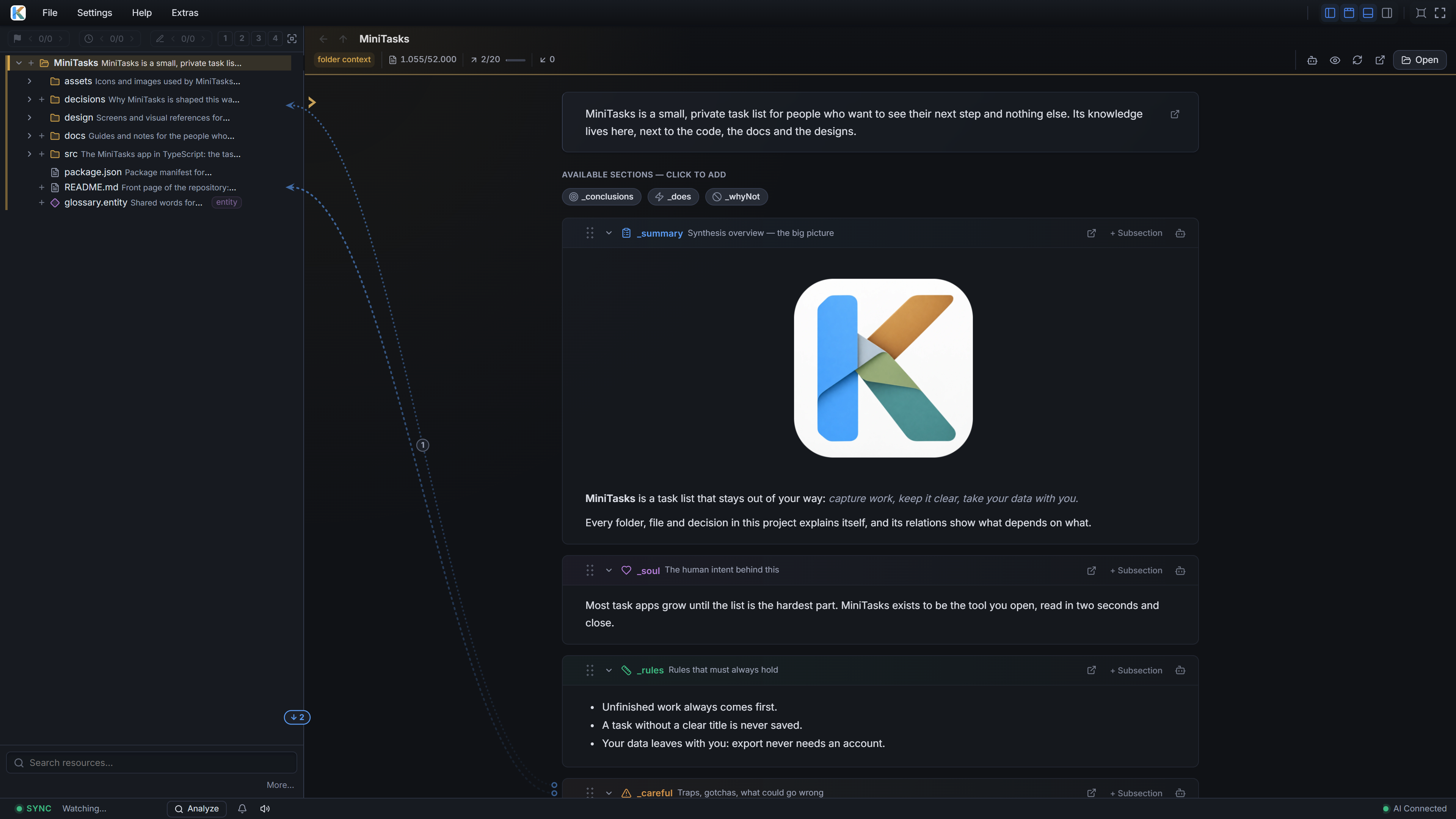 KaKeKiKoKu Studio showing a small task-list project: the navigation tree with a description for every folder and file, and the project's root knowledge in bounded blocks — summary, intent, rules and traps
