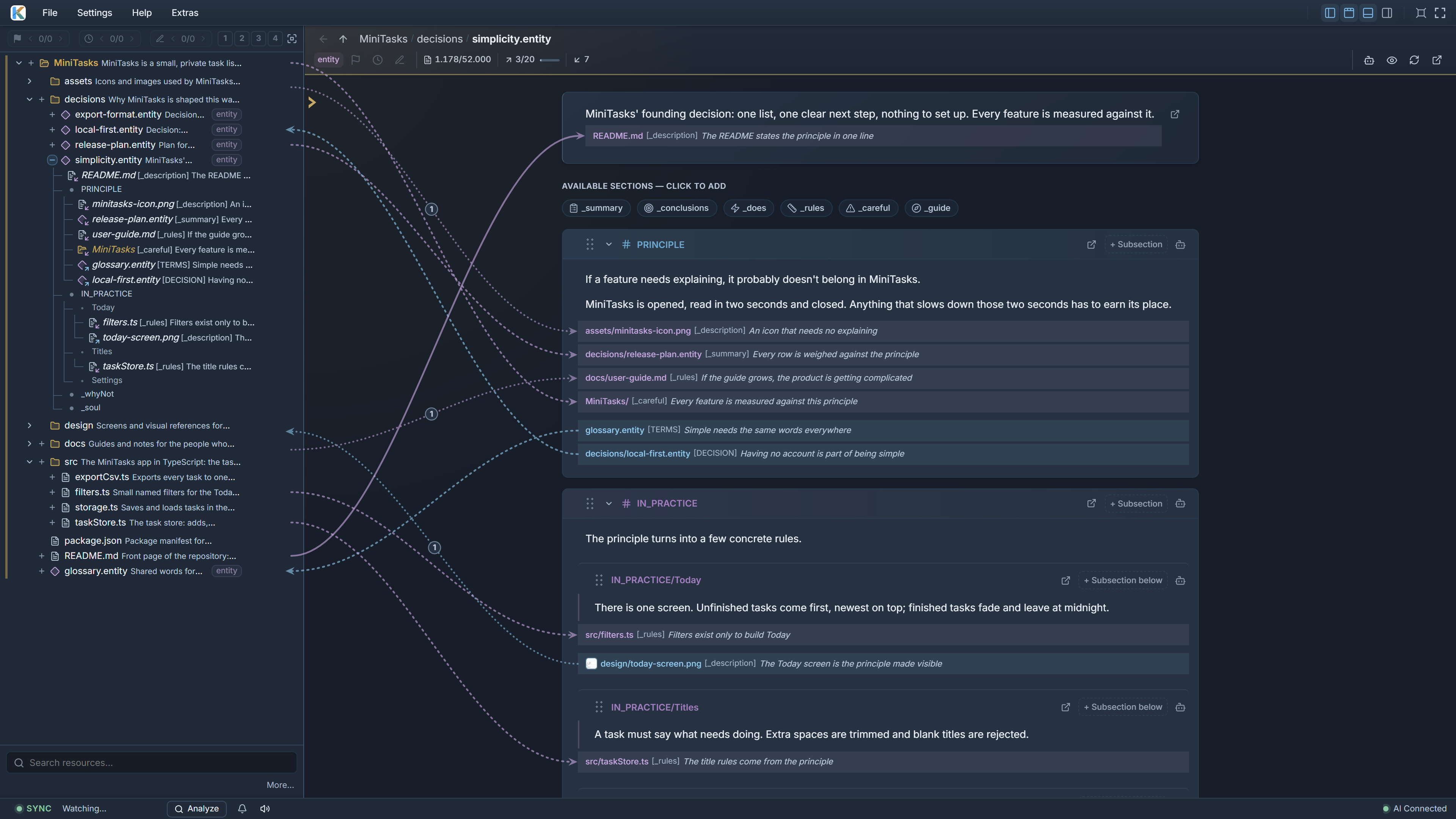 KaKeKiKoKu Studio with a decision open in the editor and the navigation tree listing its incoming and outgoing relations in place, with arrows from the tree to the related blocks