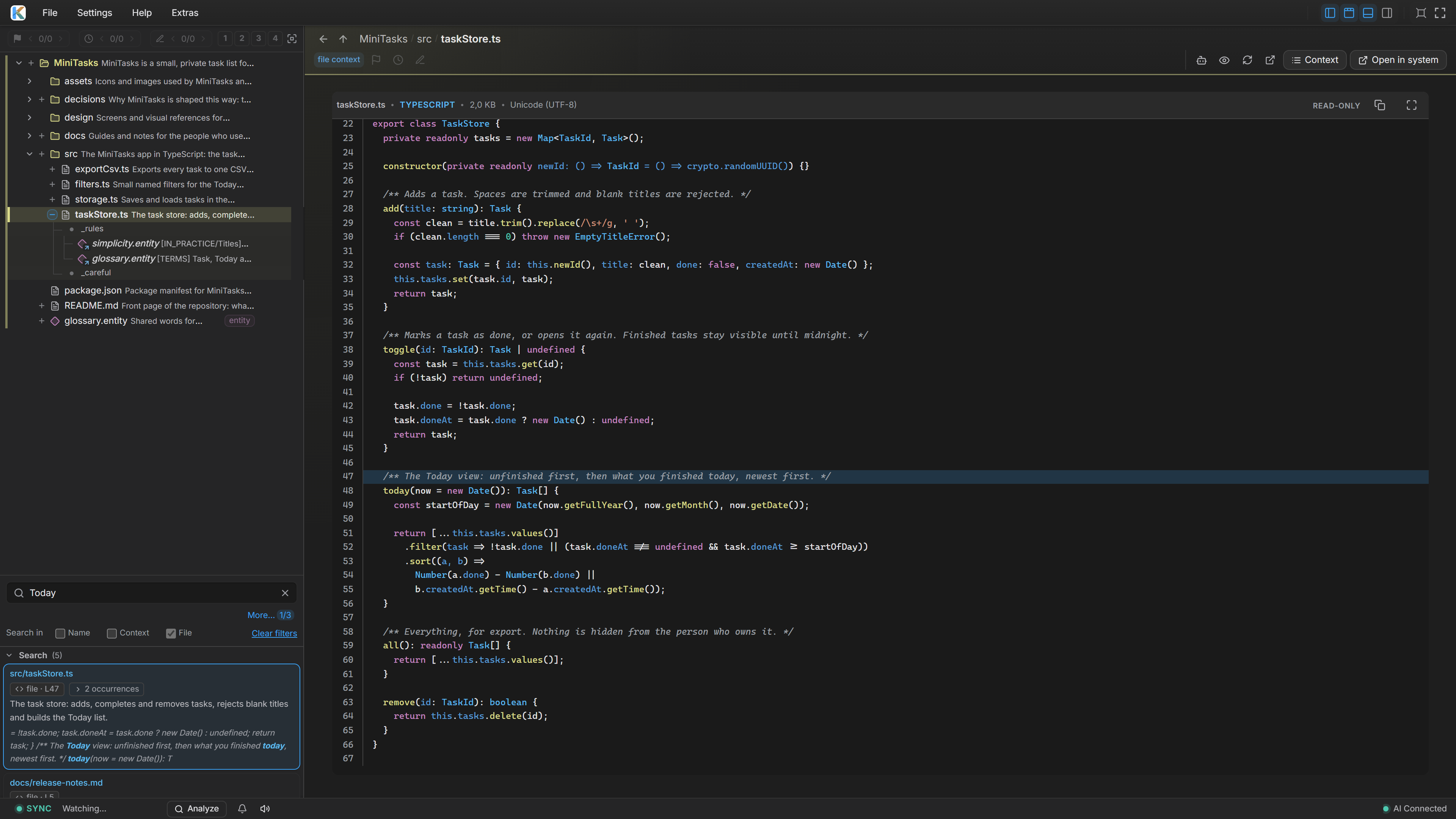 KaKeKiKoKu Studio searching file contents for Today: five results on the left, with src/taskStore.ts open in the read-only code viewer, scrolled to the highlighted matching line 47 and showing syntax highlighting and line numbers
