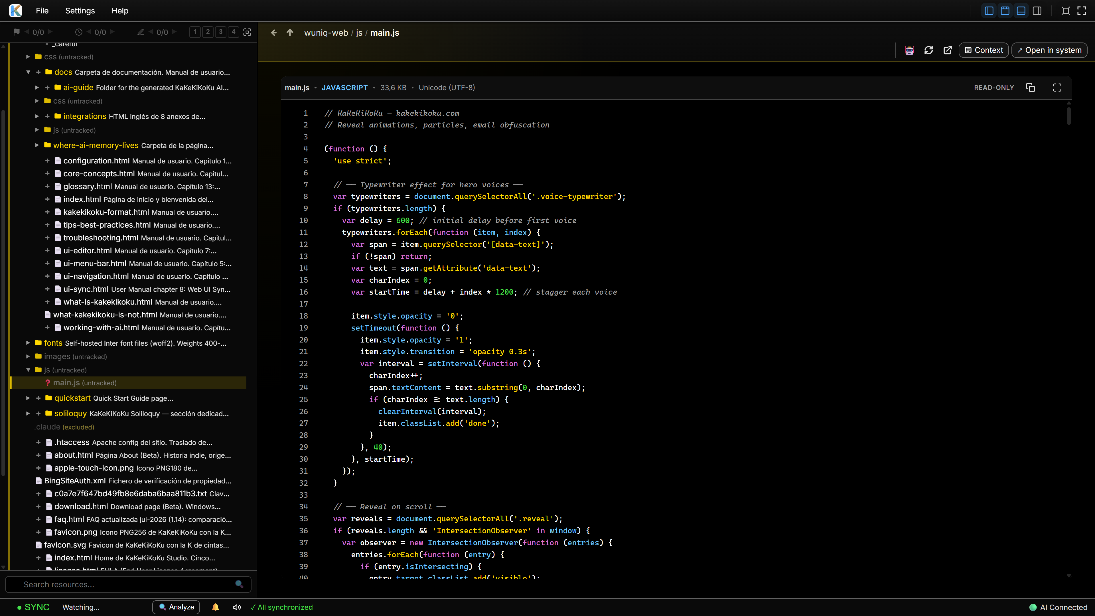 KaKeKiKoKu Studio displaying the original JavaScript source file with syntax highlighting and line numbers in its read-only code viewer