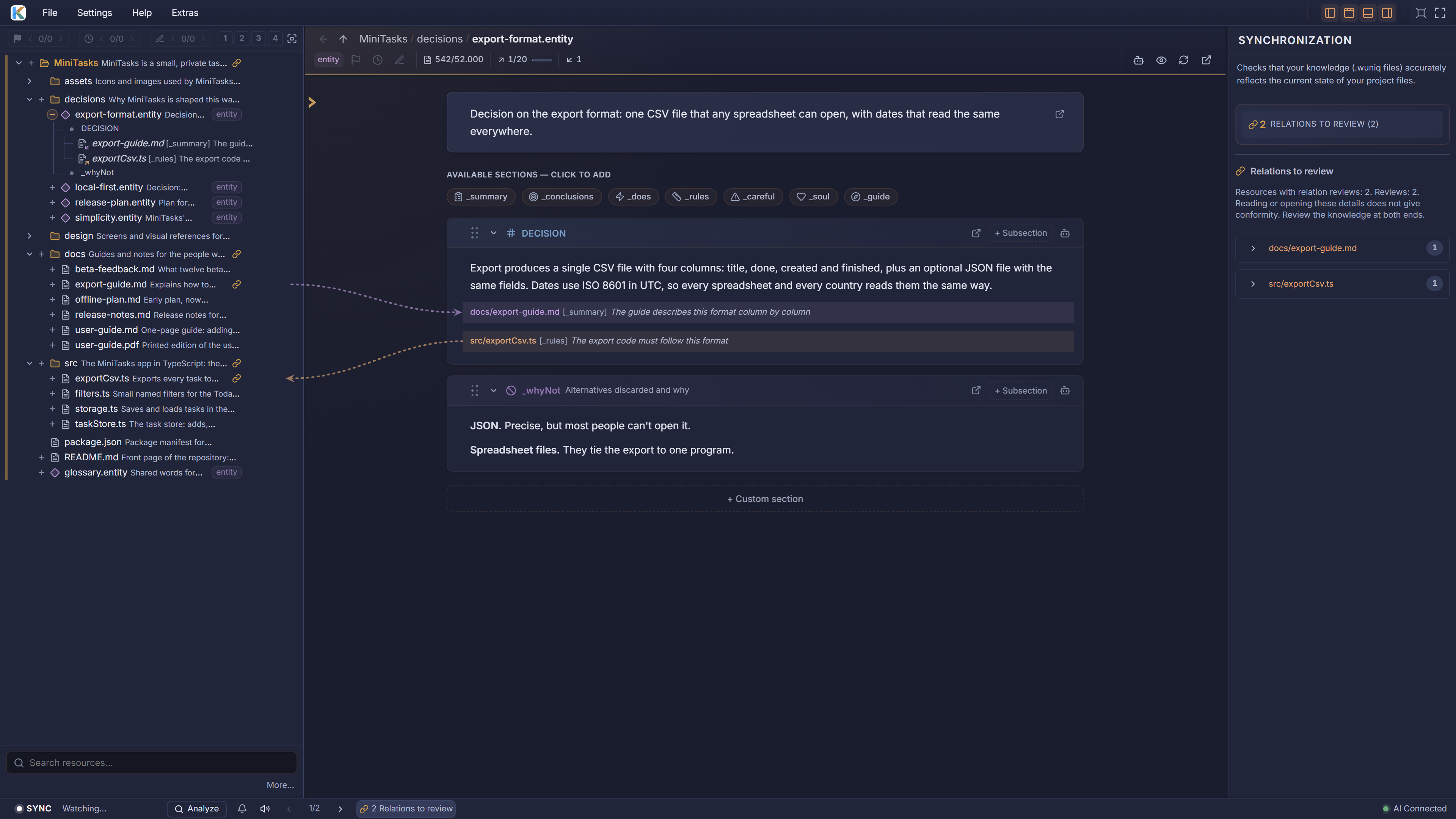 KaKeKiKoKu Studio with an export decision open after a change, and the Synchronization panel listing two relations to review: the guide that describes the decision and the code that follows it