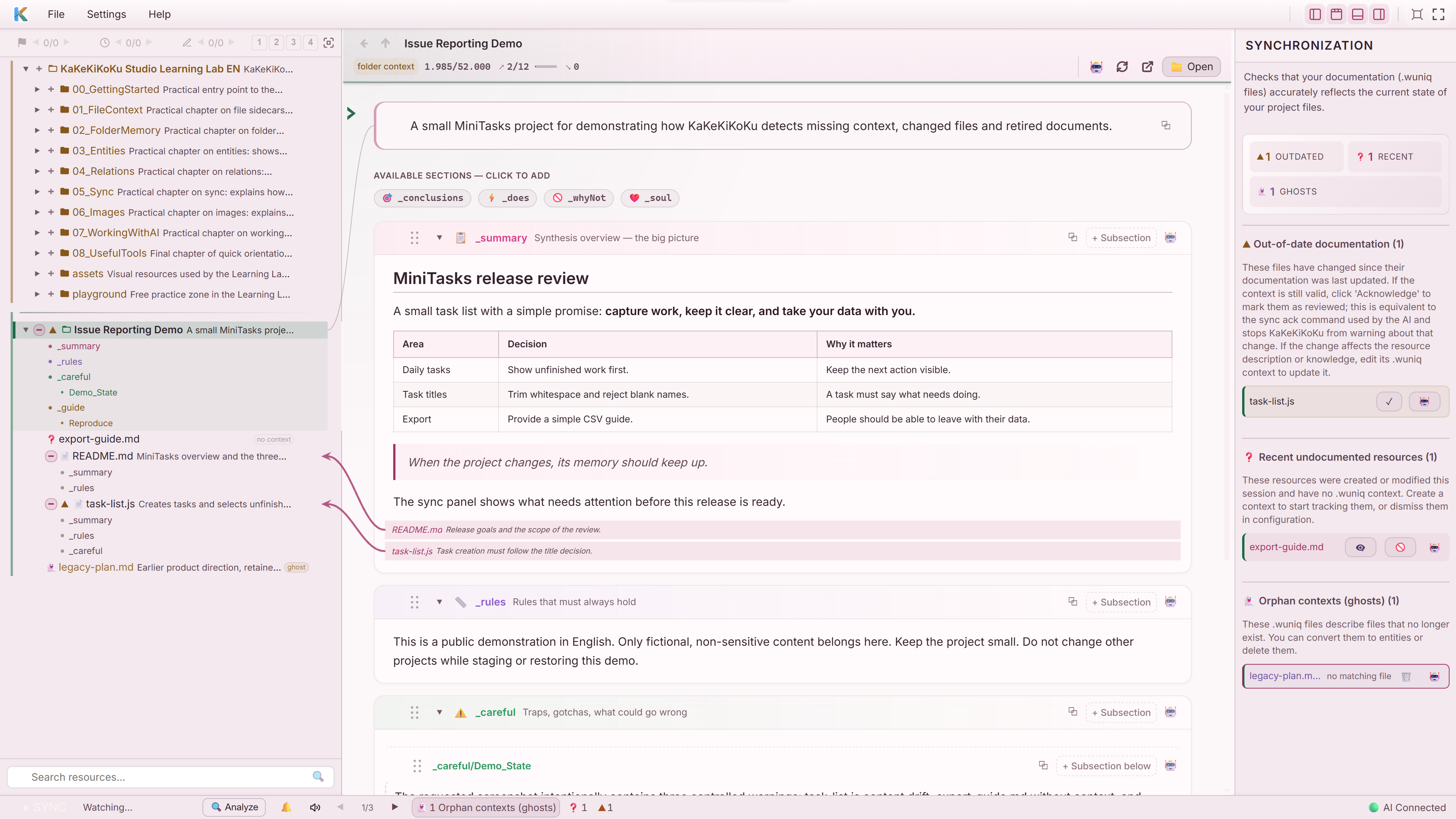 KaKeKiKoKu Studio showing the MiniTasks project, a Markdown table and visual relations, with outdated documentation, an undocumented file and orphan context flagged in the Synchronization panel on the right