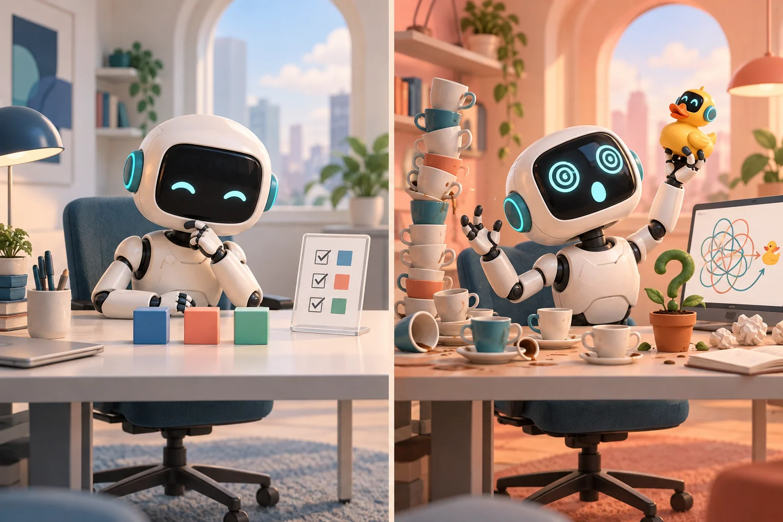 The same robot in two scenes: calmly organizing three blocks, then wide-eyed with spiralling eyes, a tower of coffee cups and a rubber duck held up for existential questioning.